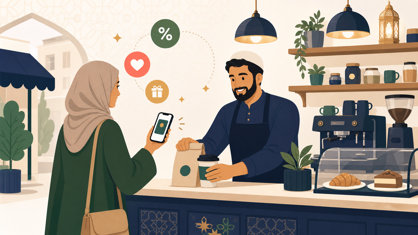 Local business partner serving a member at a cafe counter